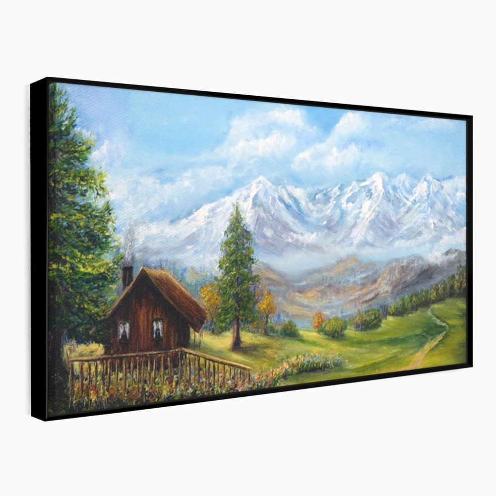 Tablou canvas cu tablou canvas cu peisaj montan si cabana, in rama de aluminiu negru